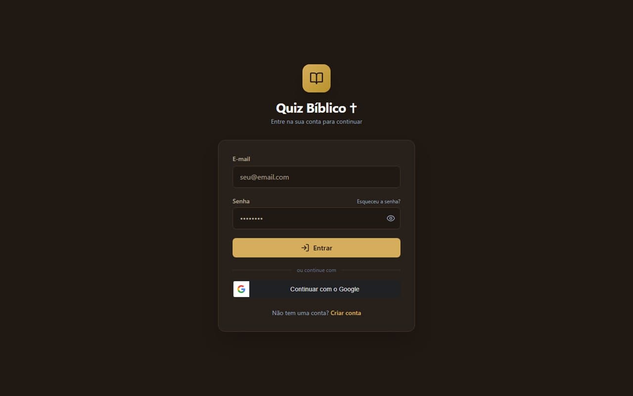 Tela de login da plataforma Quiz Bíblico